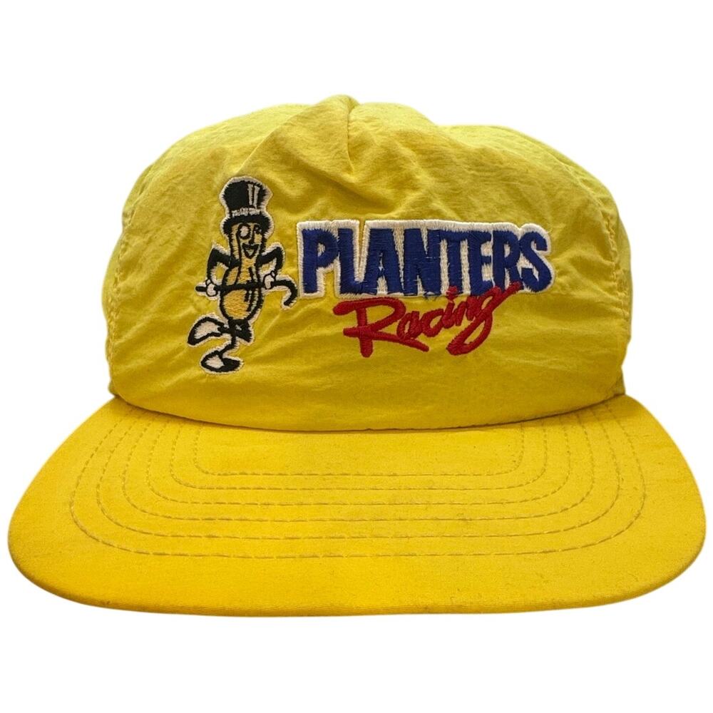 Vintage 90s Planters Racing Mr Peanut Yellow Snapback Hat USA Made